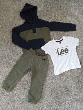 Lee Kids White Logo Tee with Olive & Navy Hoodie Jogger Set - Size 2T